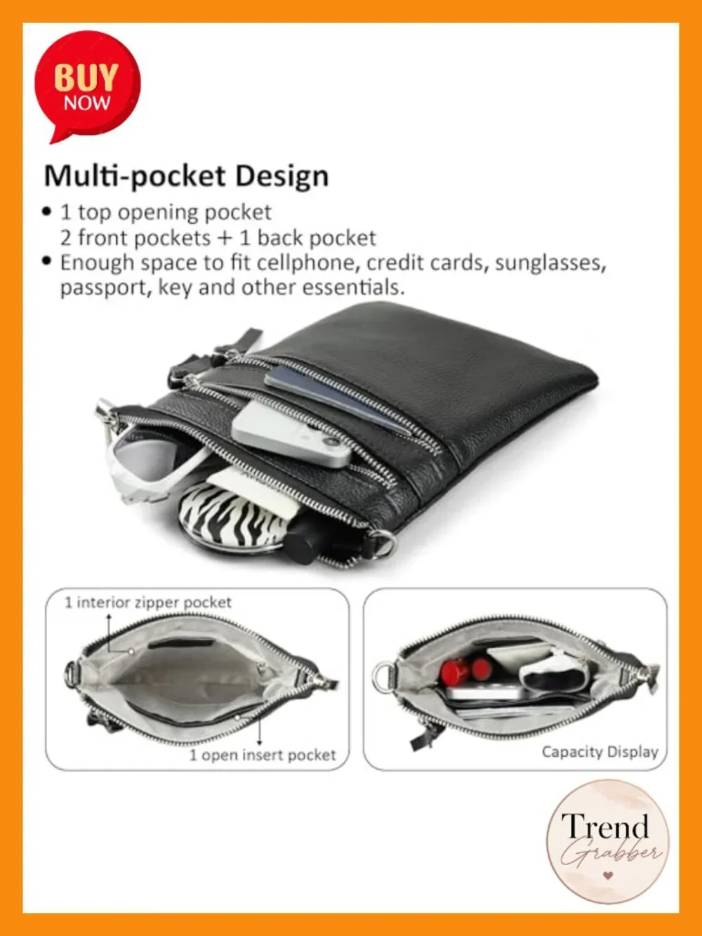 Genuine Leather Crossbody Purse Multi-Pocket Travel Shoulder Bag